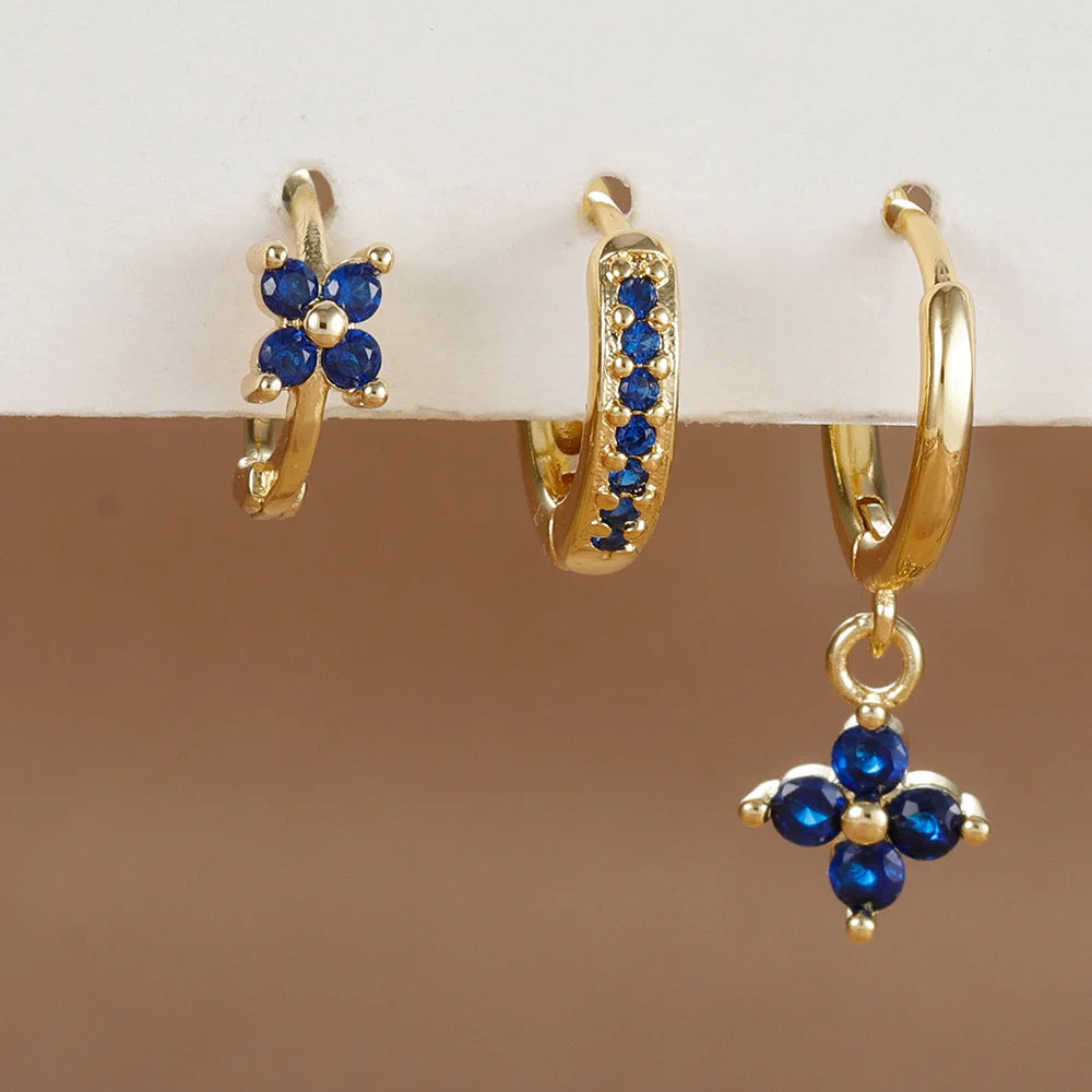 Ensemble de boucles d’oreilles suspendues en zircon orange et bleu – 3 pièces élégantes pour femmes