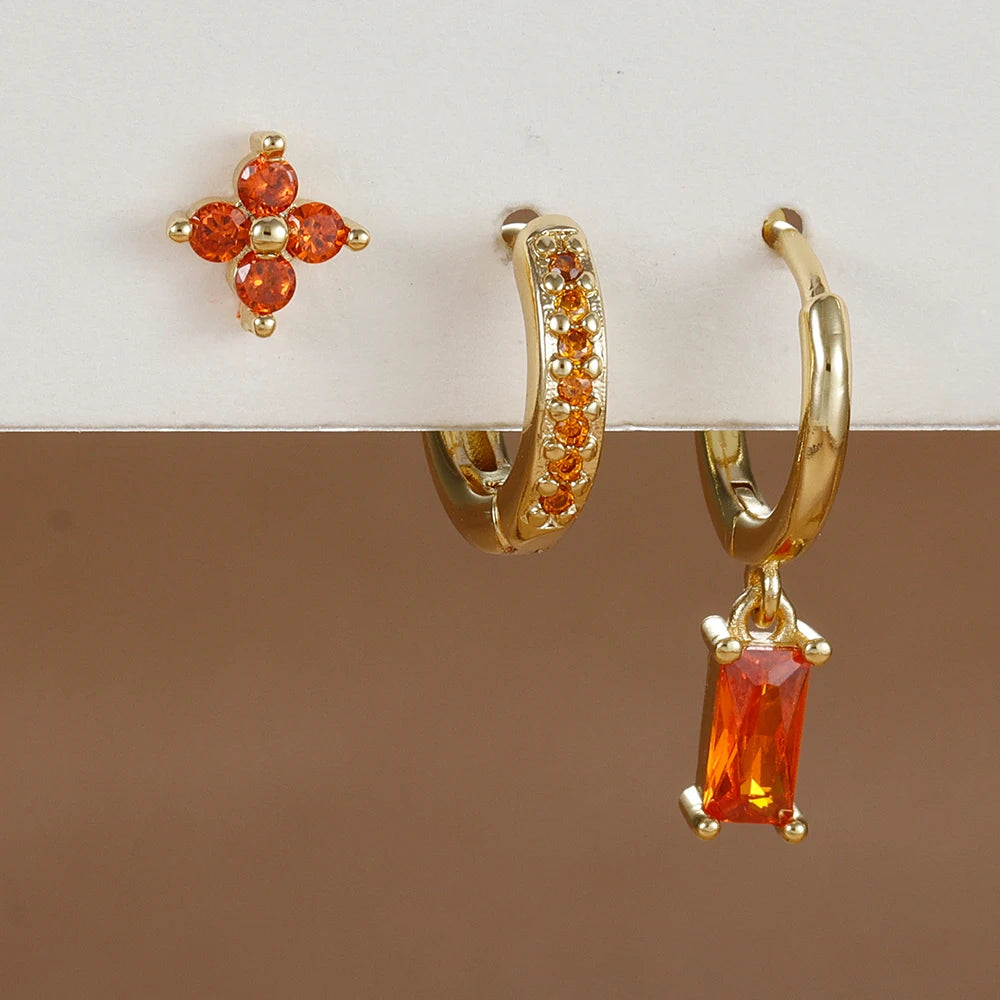 Ensemble de boucles d’oreilles suspendues en zircon orange et bleu – 3 pièces élégantes pour femmes